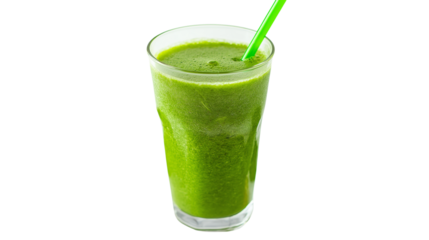Glass of fresh green detox smoothie with a straw, healthy lifestyle and diet concept, isolated on a white background 
