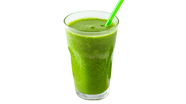 Glass of fresh green detox smoothie with a straw, healthy lifestyle and diet concept, isolated on a white background 