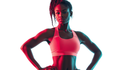 Athletic woman in sportswear, toned abs, ready for a workout, fitness motivation theme, isolated on a white background