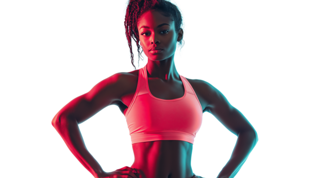 Athletic woman in sportswear, toned abs, ready for a workout, fitness motivation theme, isolated on a white background