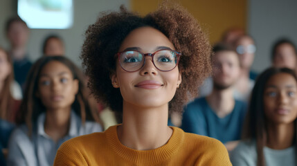 Obraz premium Professional businesswoman wearing glasses, listening intently during conference presentation, networking with colleagues