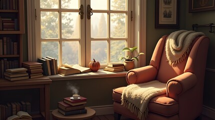  A cozy reading nook by a large window, with stacks of old books, a steaming cup of coffee, and a woolen blanket draped over a chair