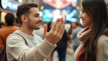 Naklejka premium a couple, with the man gesturing while talking to woman, in the bustling city life with blurred crowd background. They appears to be having a friendly and engaging conversation
