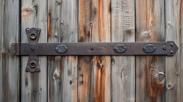 Rustic barn-style yard door with iron hinges and a weathered look. 