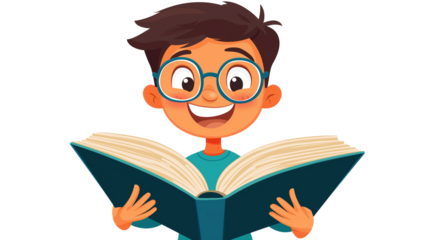  kid holding an open book, smiling confidently, education and knowledge theme, isolated on a white background