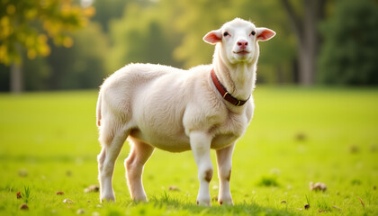 Obraz premium Adorable sheep standing in lush green field during sunny day 