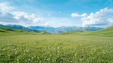 Sunny mountain meadow wildflowers landscape; scenic background for travel brochures