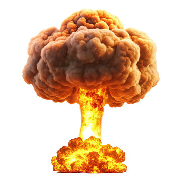 Nuclear explosion creates massive mushroom cloud with bright orange flames rising into the sky, Nuclear explosion and mushroom cloud isolated on Transparent background
