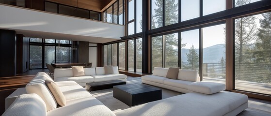 Fototapeta premium Modern living room with a high ceiling and large windows that offer a beautiful view of the mountains and trees outside.