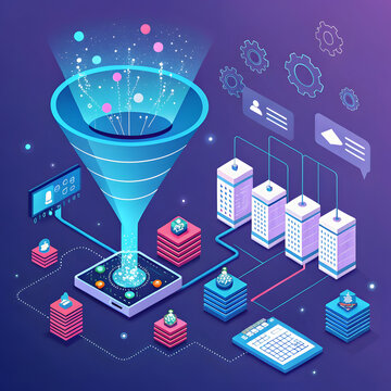 A futuristic digital illustration of a data funnel filtering and processing information from a mobile device into structured databases, surrounded by data flow elements, analytics, and automation icon