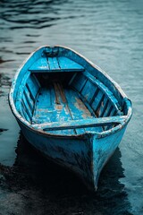 Obraz premium A rustic blue boat floats serenely, reflecting peace and the beauty of natural surroundings.
