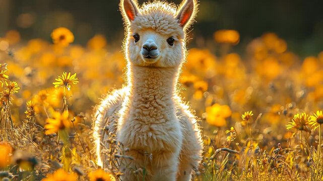 Young llama standing among vibrant yellow flowers during golden hour in a sunlit meadow