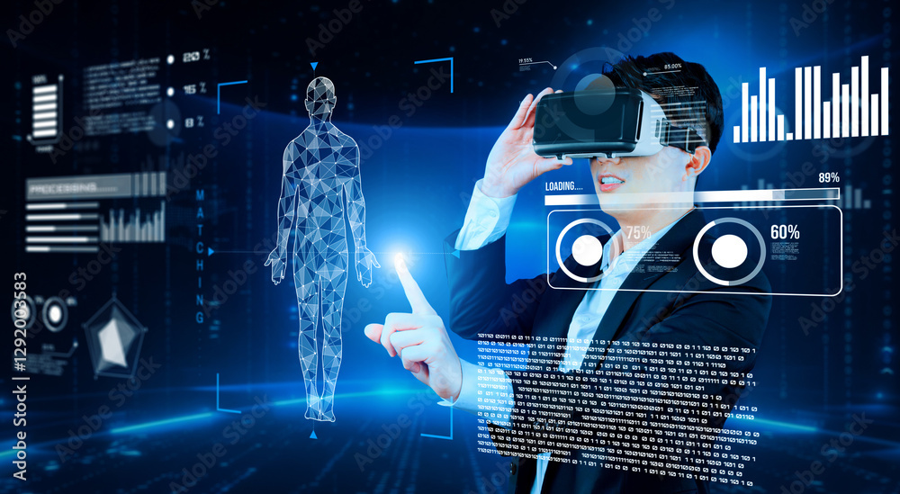 Poster smart business man connecting at global network by using vr glasses. project manager accessing big d