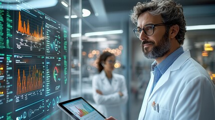 health coaching programs Scientist analyzing data on a tablet in a modern laboratory.