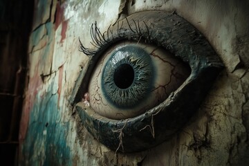 A strikingly realistic sculpture of an eye stares hauntingly from a weathered, textured wall.