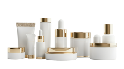 A set of luxury skincare products with gold accents, beauty and wellness concept, isolated on a white background