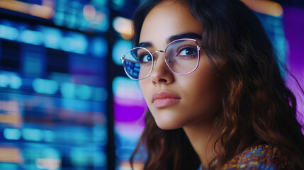 Young software engineer analyzing source code across multiple screens, sitting in dimly lit data center workspace