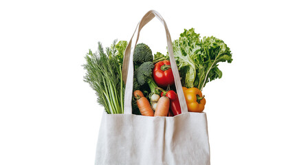 Shopping bag filled with groceries, fresh vegetables and fruits peeking out, healthy food shopping concept, isolated on a white background