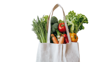 Shopping bag filled with groceries, fresh vegetables and fruits peeking out, healthy food shopping concept, isolated on a white background