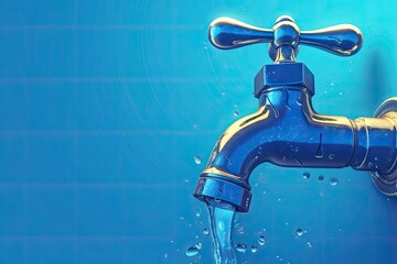 Chrome faucet with water stream on blue tile wall