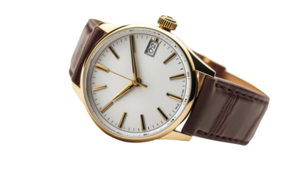 Premium wristwatch with leather strap and gold details, luxury fashion accessory, isolated on a white background