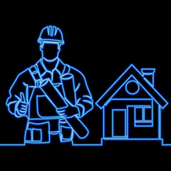 Construction Planning: Builder with Papers Standing Before a Building, Symbolizing Progress, Organization, and the Foundation of Future Projects icon neon glow vector illustration concept