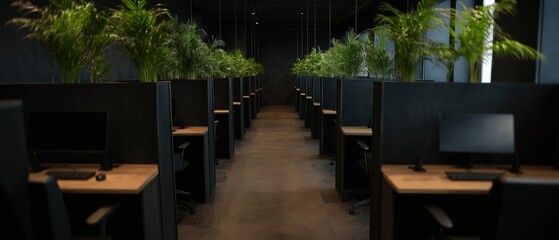 Long row of desks in an office space. the desks are arranged in a neat and orderly manner, with rows of black cubicles on either side.
