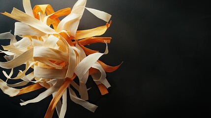 A modern composition featuring an exploded cluster of shredded linen strips in pale yellow and burnt orange