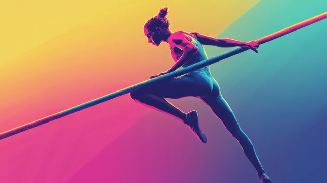 Illustration of a gymnast in a handstand on the parallel bars, vibrant vector design