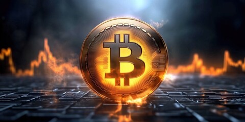 Bitcoin logo displayed prominently on a dynamic technical analysis chart illustrating market trends in cryptocurrency trading