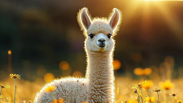 Fluffy young alpaca standing in vibrant field of flowers during golden hour with soft sunlight glowing