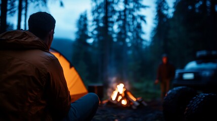 Man camping, fire, forest night. Car background. Travel imagery