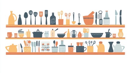 Organized kitchen utensil shelves; cooking tools; home decor; pastel colors; website banner