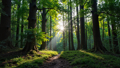 Mysterious forest thicket with sunlight filtering through trees, nature's beauty