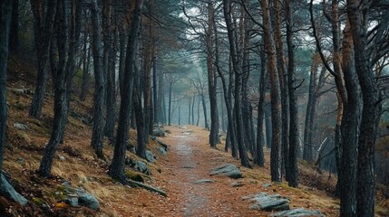 Misty forest path with tall trees and rocks.