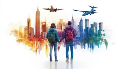 A couple gazes at a vibrant skyline with planes flying overhead, symbolizing travel and adventure