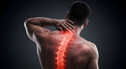 Illustration of Upper Back Pain with Highlighted Spine – Depicting Neck and Spinal Discomfort in a Male Figure