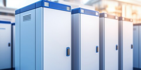 Server room with several blue and white cabinets lined up for efficient data storage and management in a modern facility setting