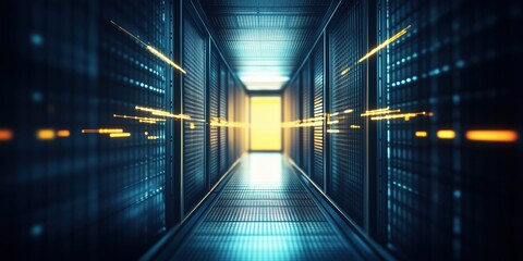 Fototapeta premium Server room with advanced vpng technology and high-speed connectivity during nighttime operations