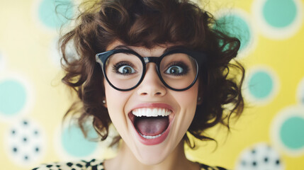 Fototapeta premium Joyful young woman wearing glasses laughing exuberantly, bright colored backdrop highlighting radiant expression