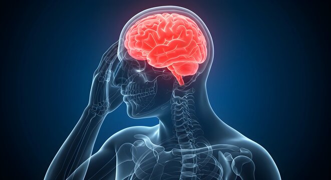 Illustration of person with highlighted brain holding their temples experiencing headache or stress, Man with a headache - Brain Stroke - 3D Illustration