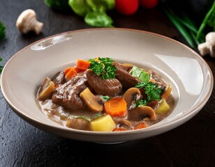 Fotograf&iacute;a de estudio profesional estofado cremoso de ternera con vegetales y champi&ntilde;ones, estilo ultrarrealista, realista, 4k