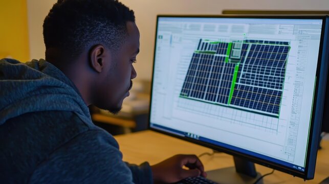 Young man working on solar panel design software at a computer station in a modern office environment during daylight hours