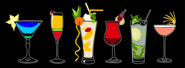 Set of cocktails, alcoholic drinks in different types of glasses. Mojito, Martini, Pina Colada colorful vector illustrations isolated on black background. For bar menu design, party invitations.