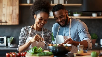 Cheerful couple wearing aprons tasting and preparing food in kitchen