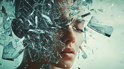An abstract portrayal of a mind fractured into floating glass shards, an illustration of the mind of an auditory hallucinating person, mental health cocnept. Shattered Glass Reality. Illustration