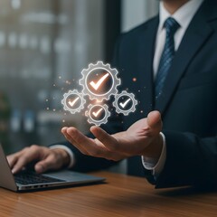 Business Professional Presenting Floating Gear Icons with Checkmarks, Symbolizing Process Optimization, Quality Assurance, and Efficient Workflow Management