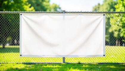 Blank vinyl banner mockup on fence in sunny park for outdoor advertising and promotion