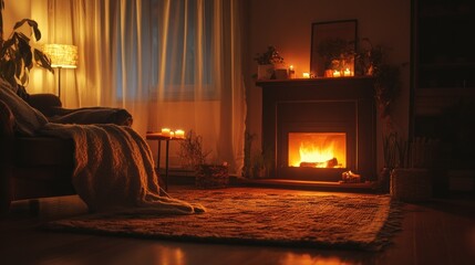 Cozy living room at night with fireplace, candles, and warm lighting