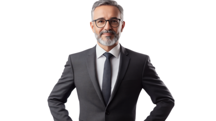 legant senior CEO in a dark gray suit, showing leadership and experience, isolated on a white background